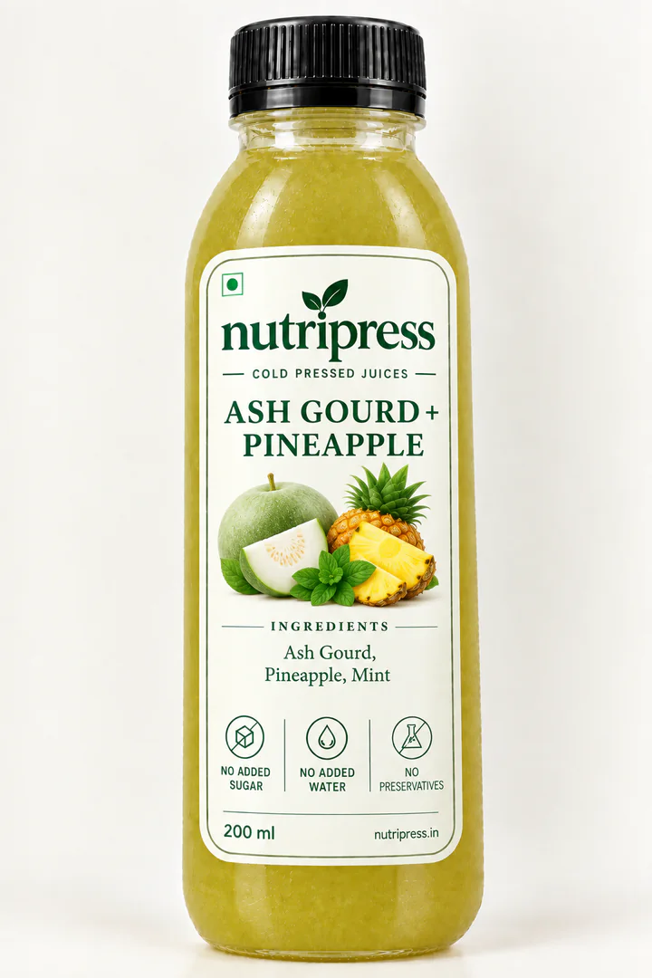 Nutripress Ash Gourd & Pineapple cold-pressed juice bottle