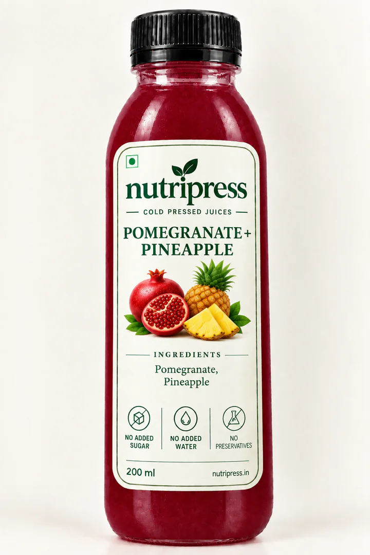 Nutripress Pomegranate & Pineapple cold-pressed juice bottle